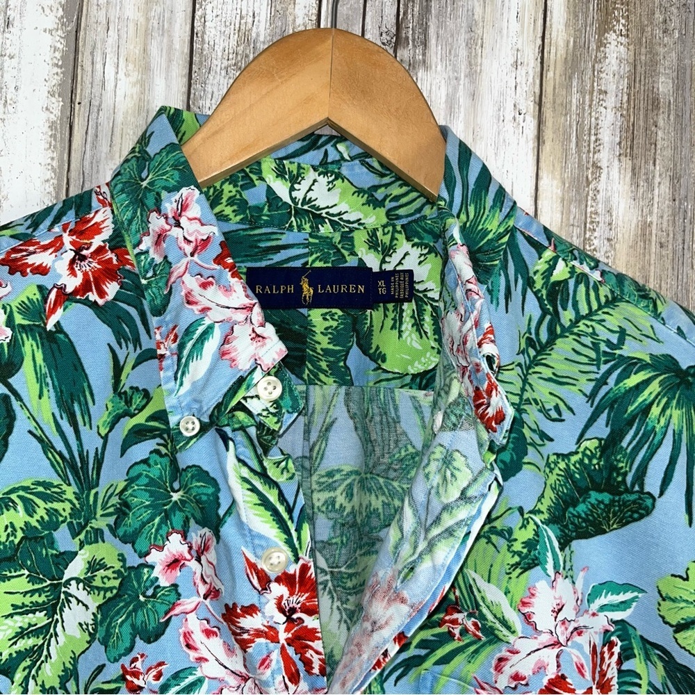 Ralph Lauren Tropical Floral Hawaiian Shirt Blue Green Short Sleeve Button Down - Picture 4 of 4
